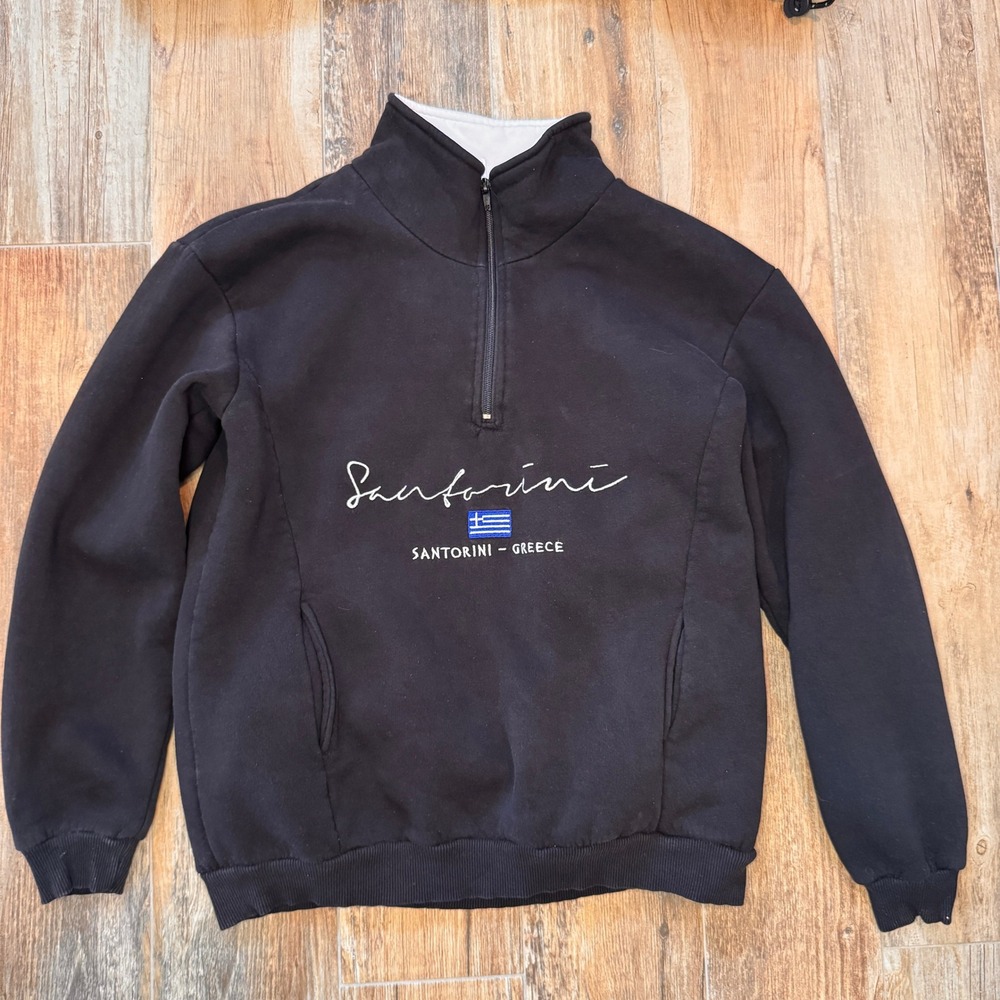Santorini Greece Souvenir Quarter Zip Sweatshirt Black Embroidered Pullover S